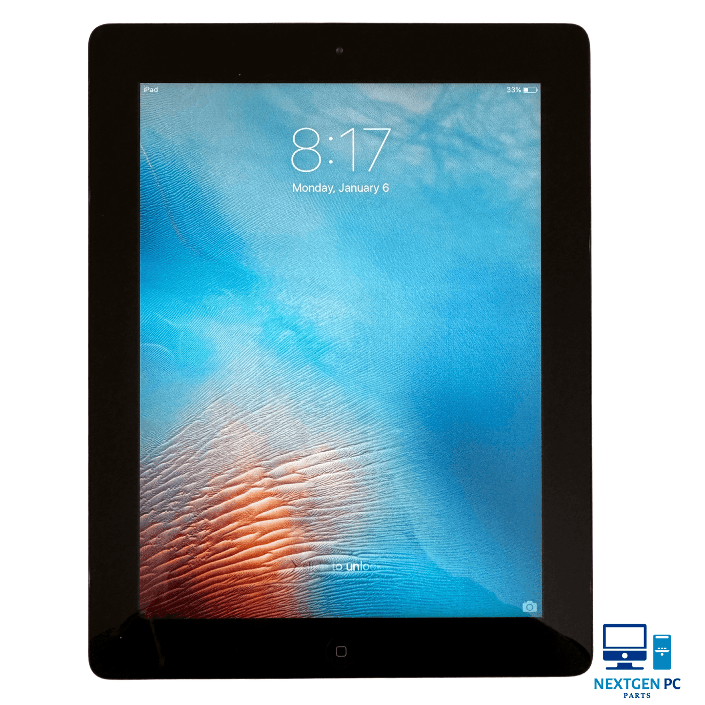 iPad 2nd Gen A1395 Wi-Fi black tablet with 9.7-inch display, showcasing home screen at 8:17 AM, grade A condition.