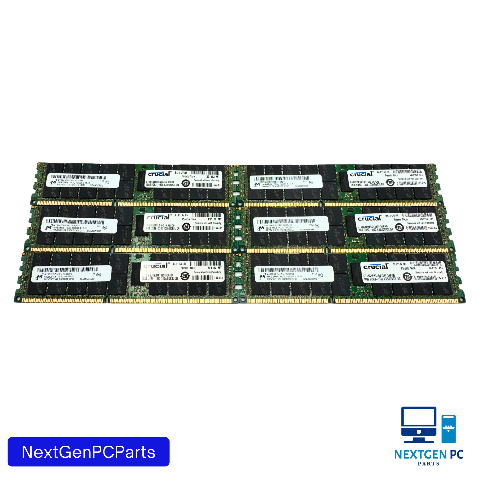 Lot of 6x16GB 96GB DDR3 PC3L-10600R ECC REG Server RAM 2Rx4 Micron Crucial