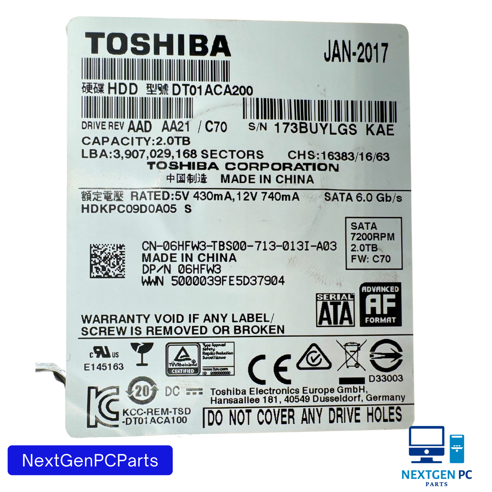 Toshiba 2TB Internal 7200RPM 3.5" Hard Drive HDD DT01ACA200 HDKPC09D0A05