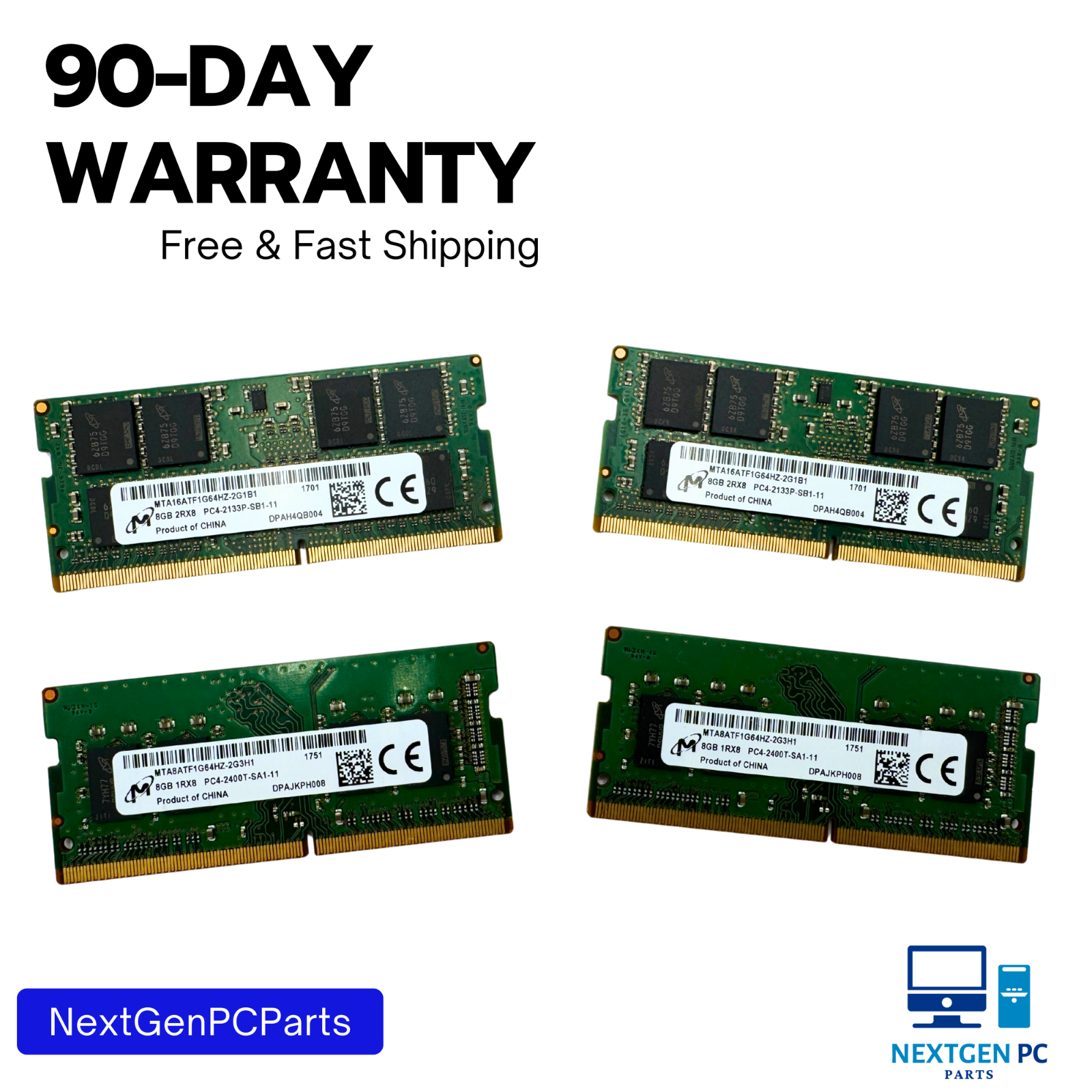 Lot of 4 – Micron 32GB (8x4GB) DDR4 Laptop Memory MTA16ATF2G64HZ Mixed Modules