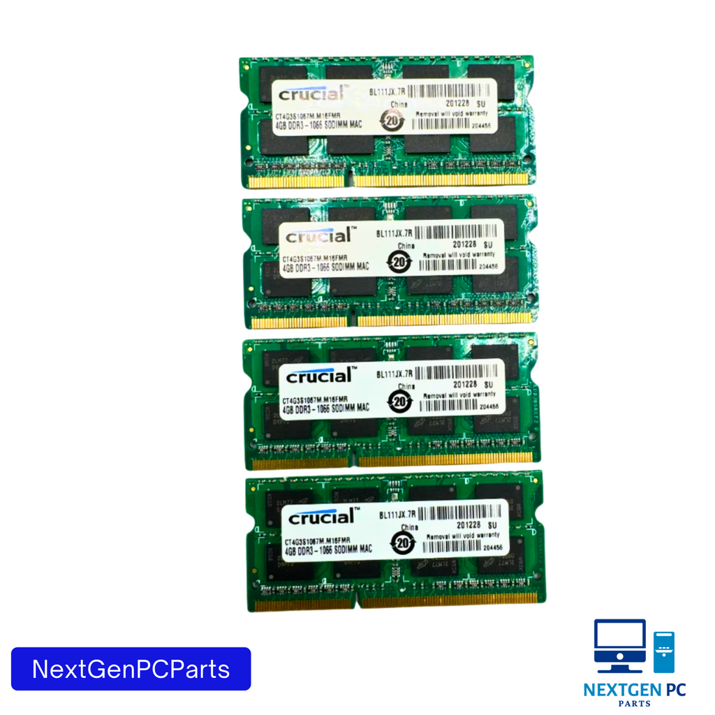Lot of 4 Crucial 4GB DDR3 1066 SODIMM Laptop RAM CT4G3S1067M.M16FMR Tested
