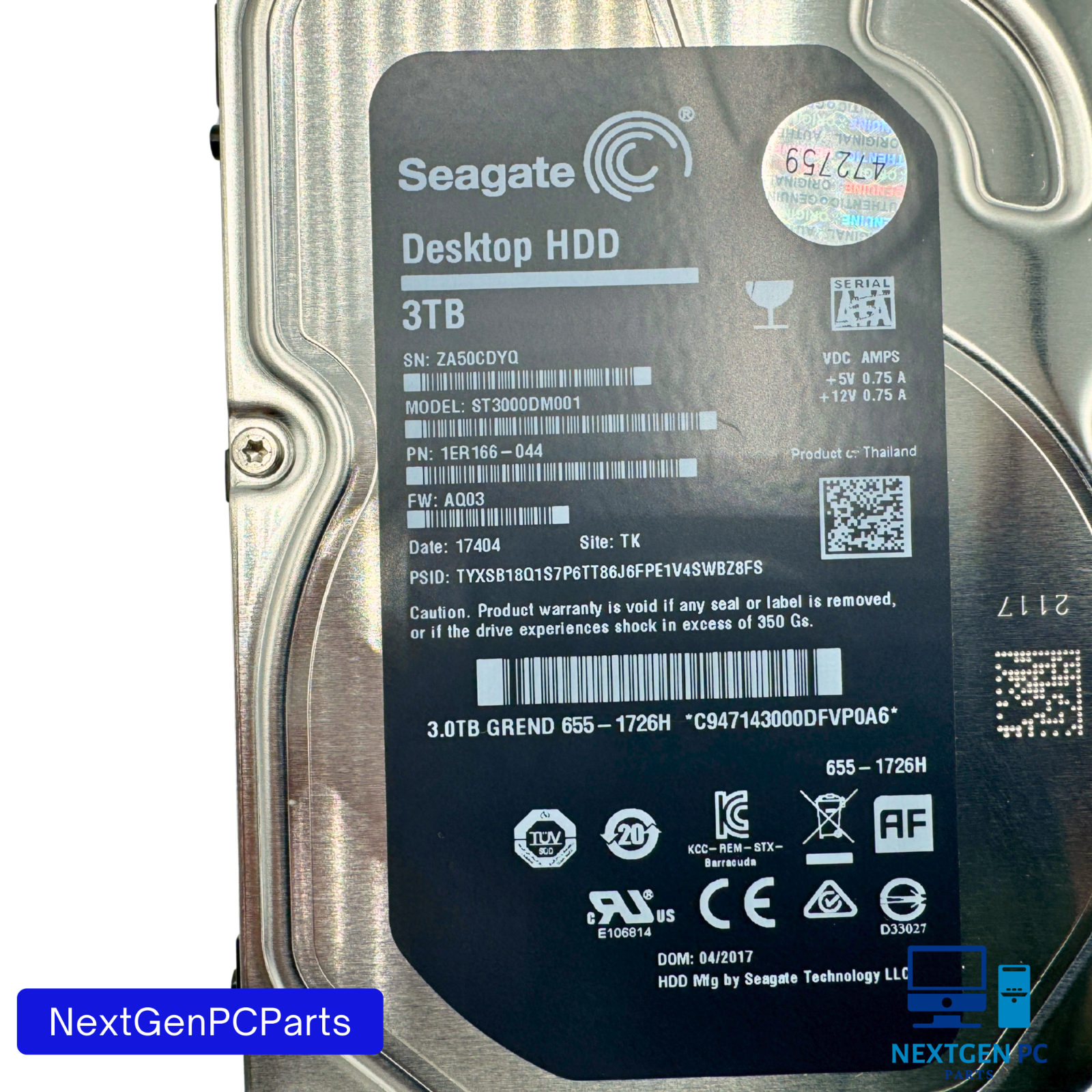 Seagate Barracuda 3TB ST3000DM001 3.5" SATA Hard Drive 1ER166-044 FW AQ03