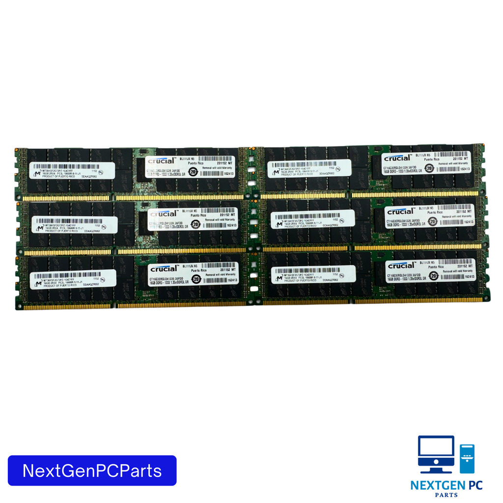 Lot of 6x16GB 96GB DDR3 PC3L-10600R ECC REG Server RAM 2Rx4 Micron Crucial