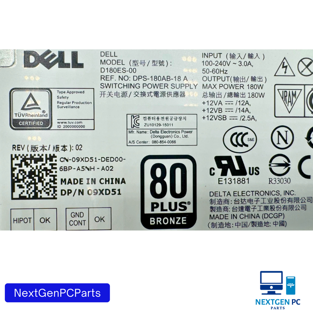 09XD51 9XD51 Dell Optiplex 3040 5040 7040 SFF 180W Power Supply D180ES-00