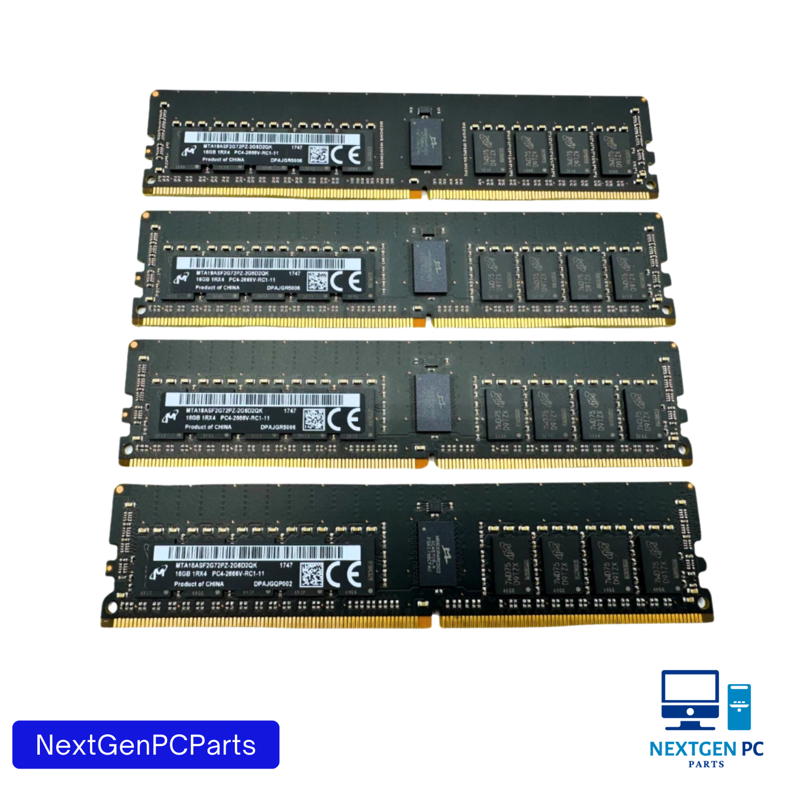 Lot of 4 - Micron 64GB (16GB x 4) ECC DDR4 2666MHz RAM MTA18ASF2G72PZ-2G6D2QK