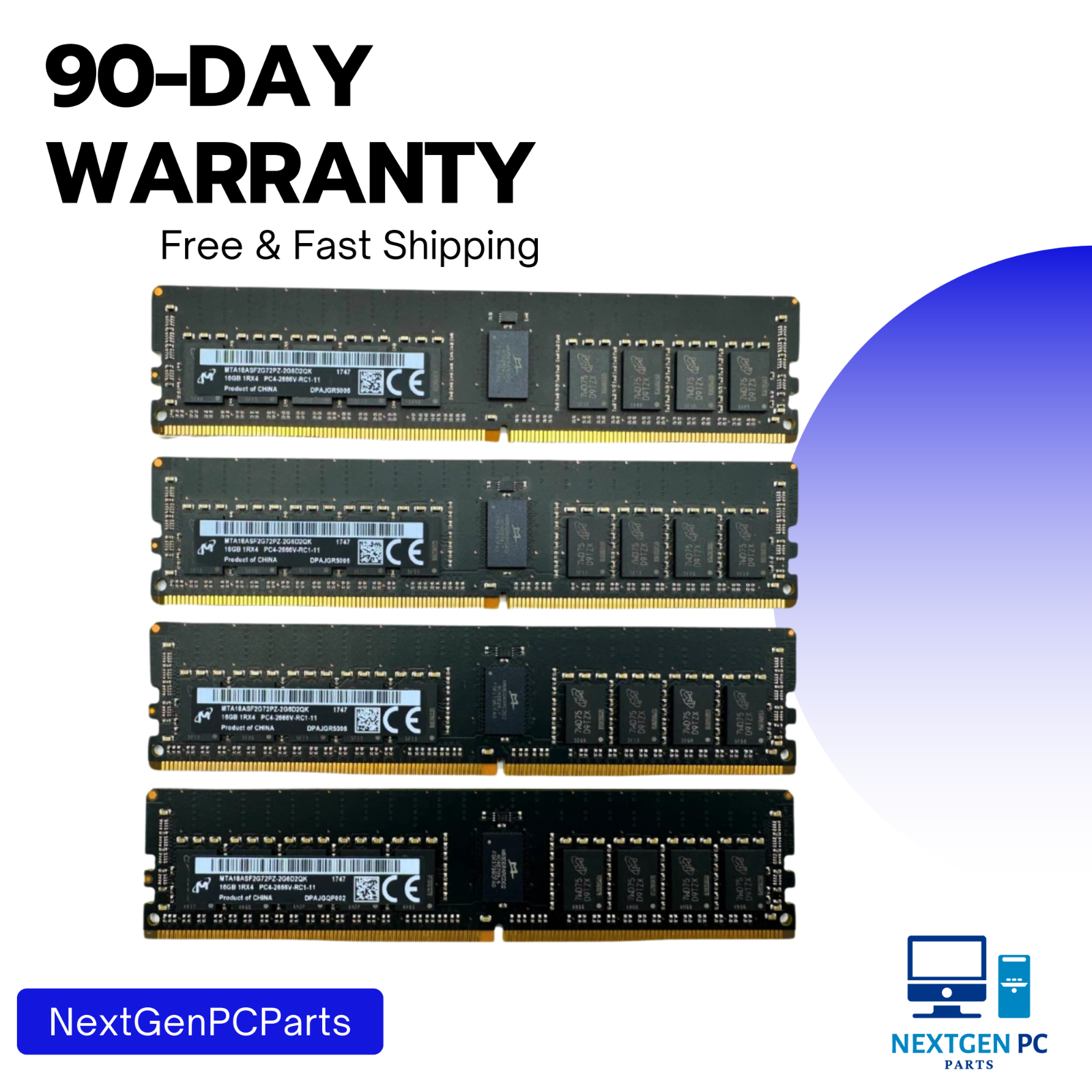 Lot of 4 - Micron 64GB (16GB x 4) ECC DDR4 2666MHz RAM MTA18ASF2G72PZ-2G6D2QK
