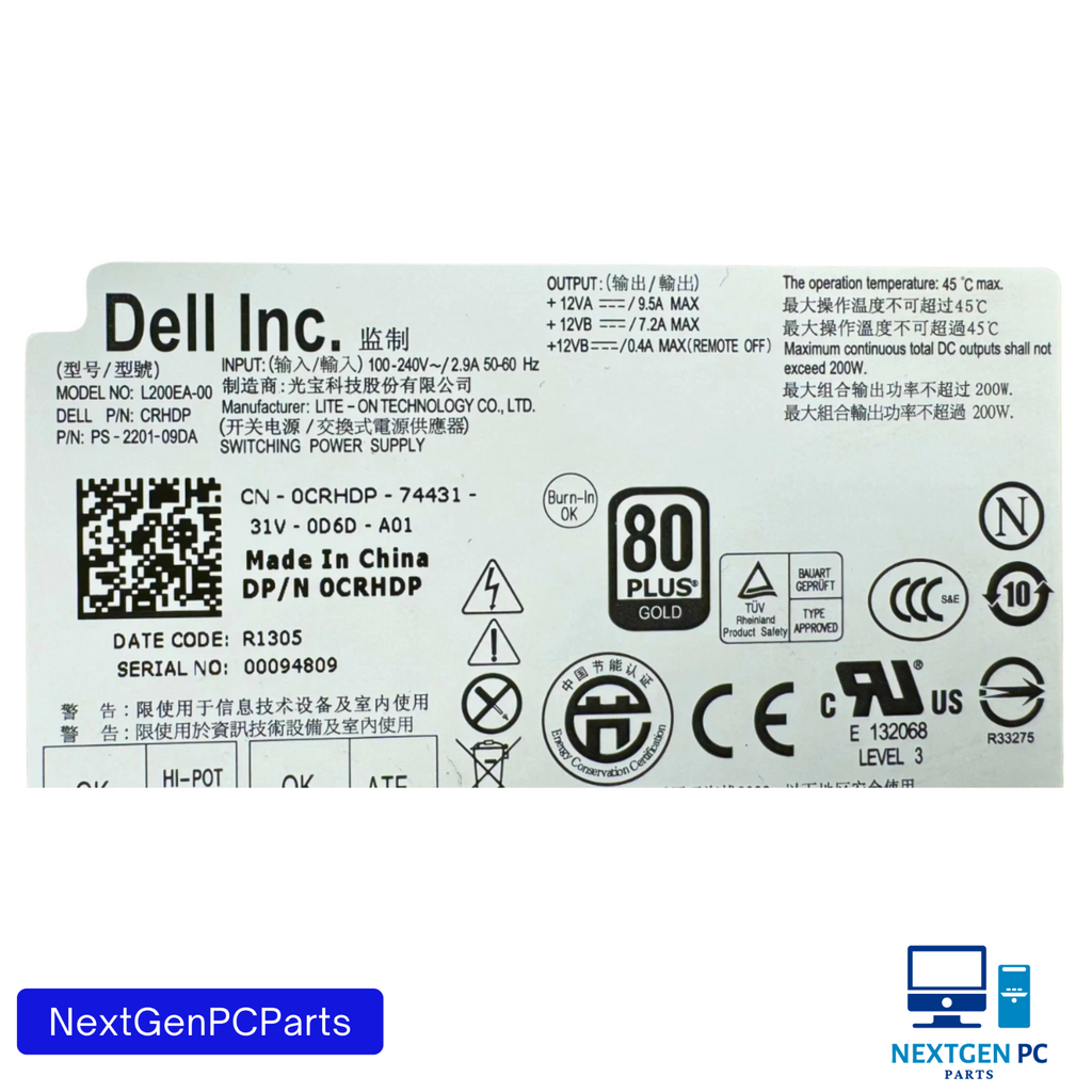 Dell OptiPlex 9010 AIO 200W Power Supply 0CRHDP CRHDP L200EA-00 (E5084S)