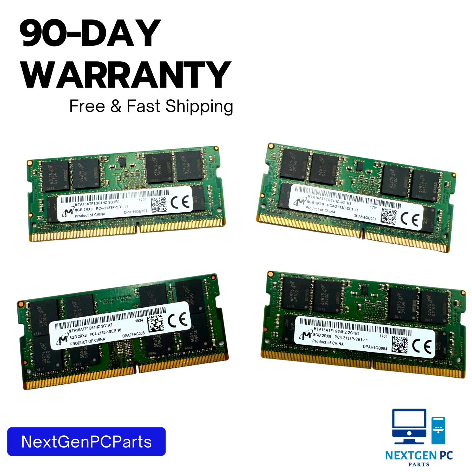 Lot of 4 - Micron 32GB(8 x 4) DDR4 Laptop Memory MTA16ATF2G64HZ-2G6E1 PC4-2400T