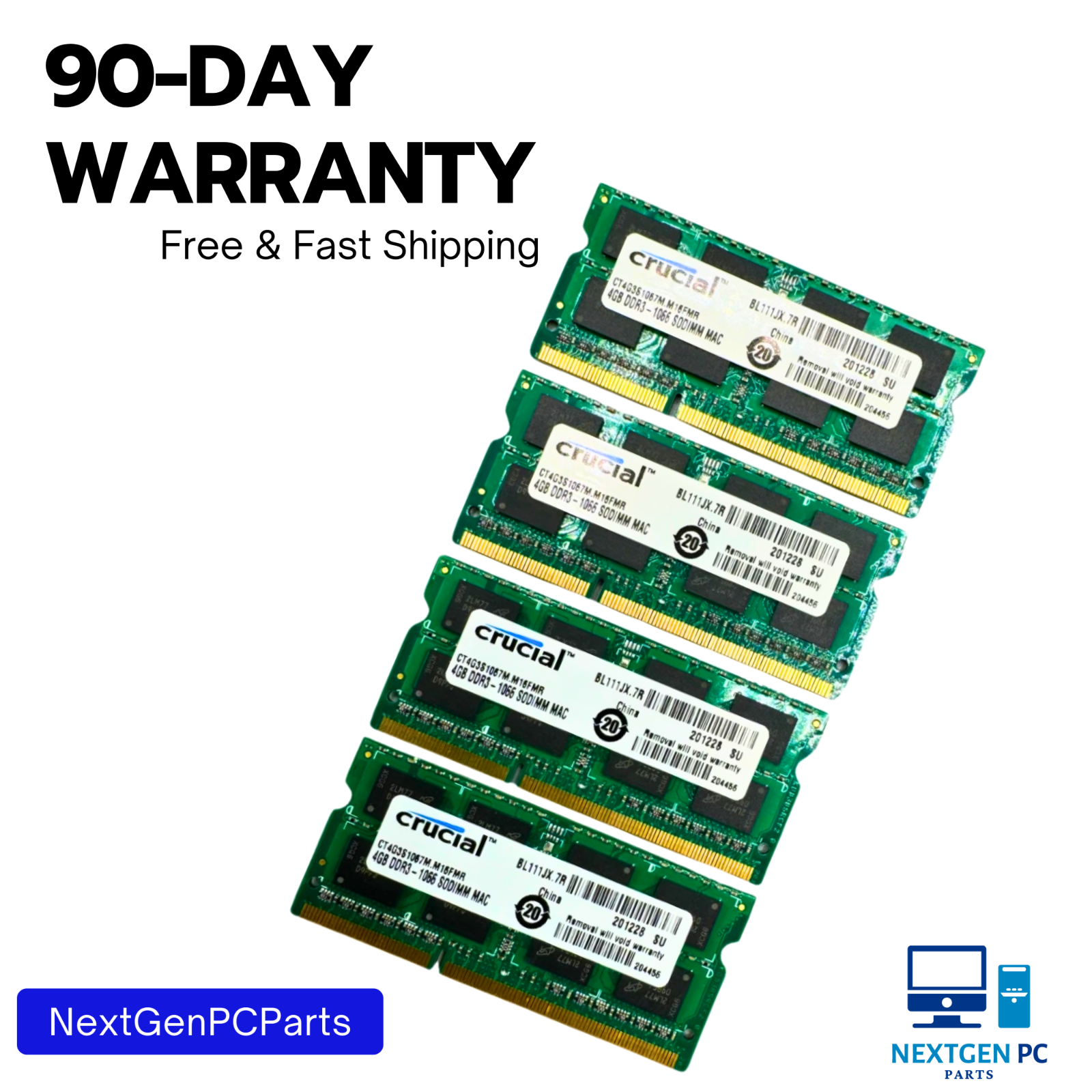Lot of 4 Crucial 4GB DDR3 1066 SODIMM Laptop RAM CT4G3S1067M.M16FMR Tested