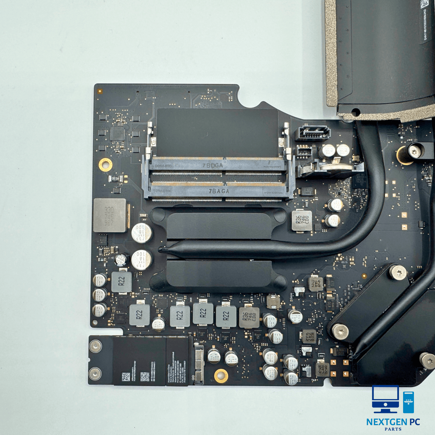 iMac 21.5" A1418 logic board 820-00597-A showing components including memory slots and GPU for Apple computer repairs.