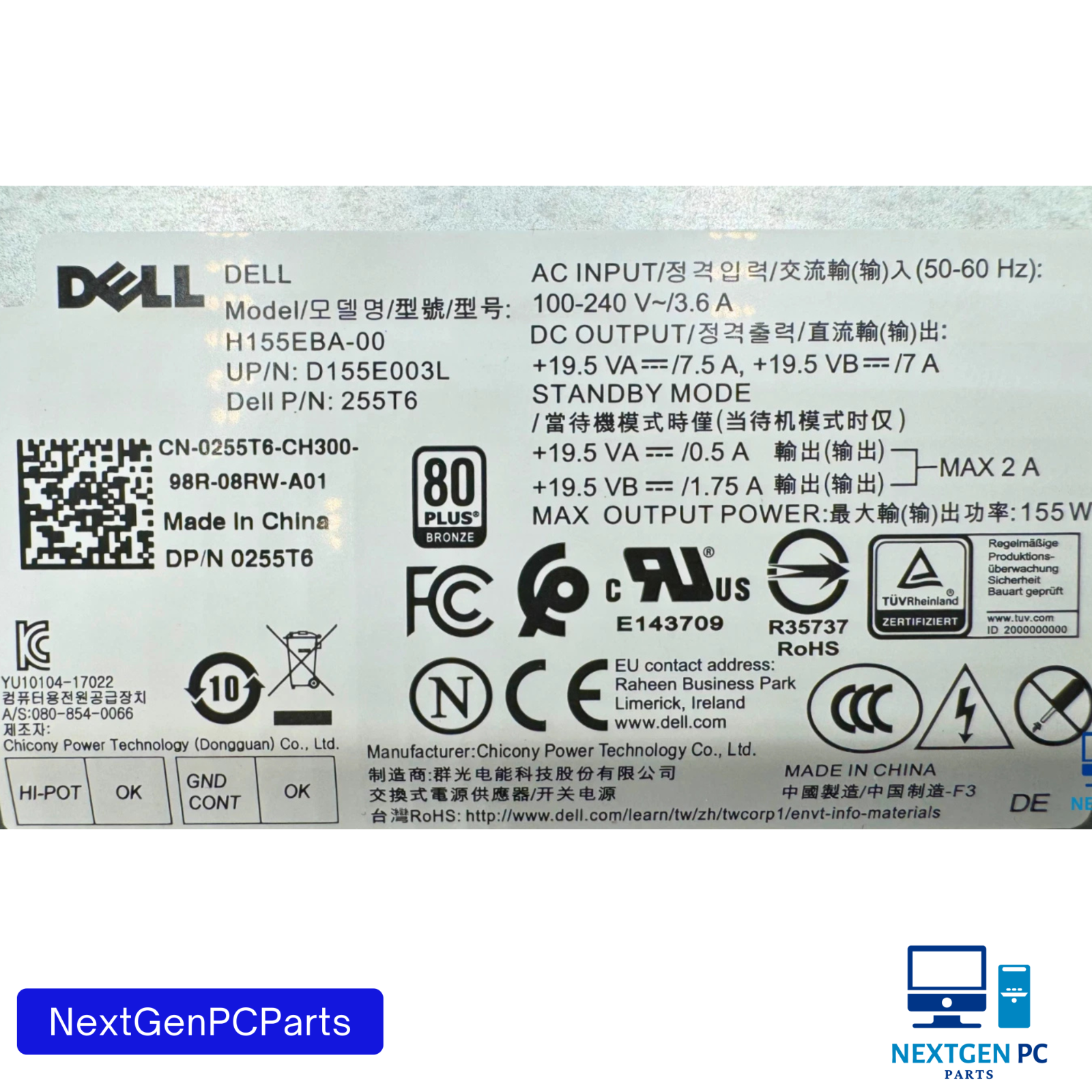 Genuine Dell OptiPlex 7460 155W Power Supply H155EBA-00 255T6