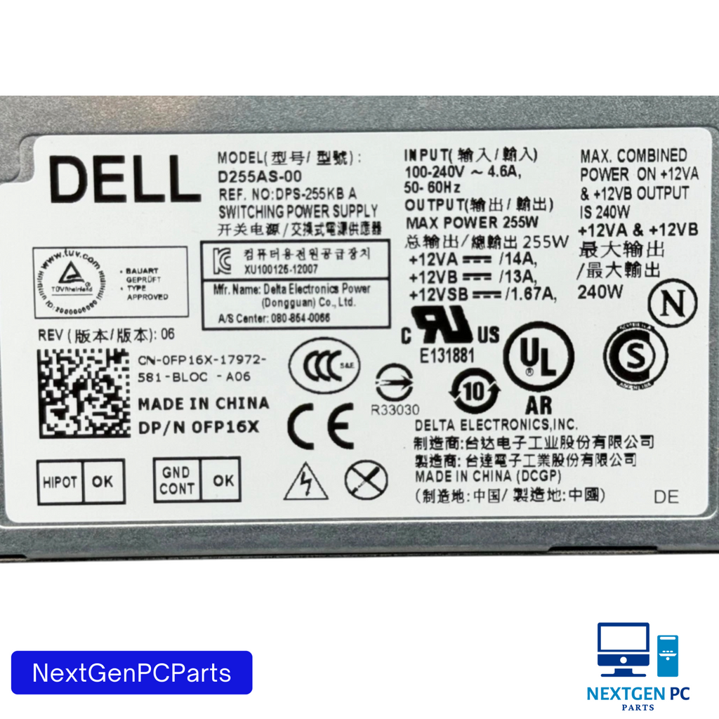 Dell Precision T17/ Optiplex 3020 7020 9020 SFF Power Supply 255W D255AS-00