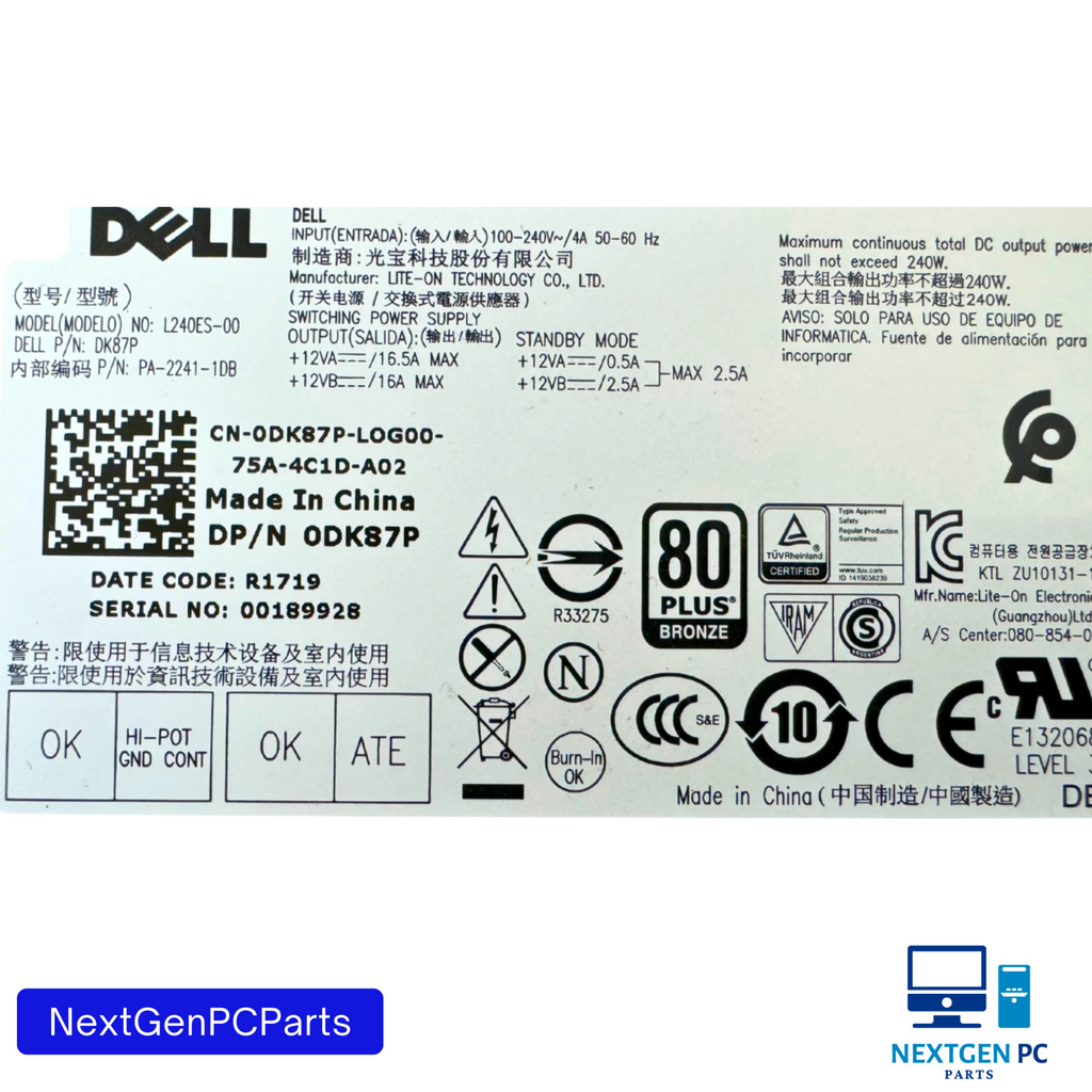 Genuine Dell Optiplex 3050 5050 7050  MT 240W Power Supply L240ES-00