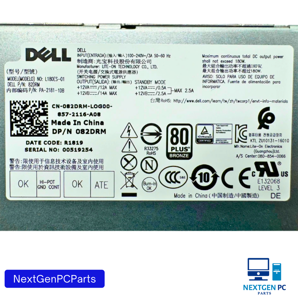 Dell Optiplex L180ES-01 180W Power Supply 3050, 5050, 7050, SFF W/Screws -Tested