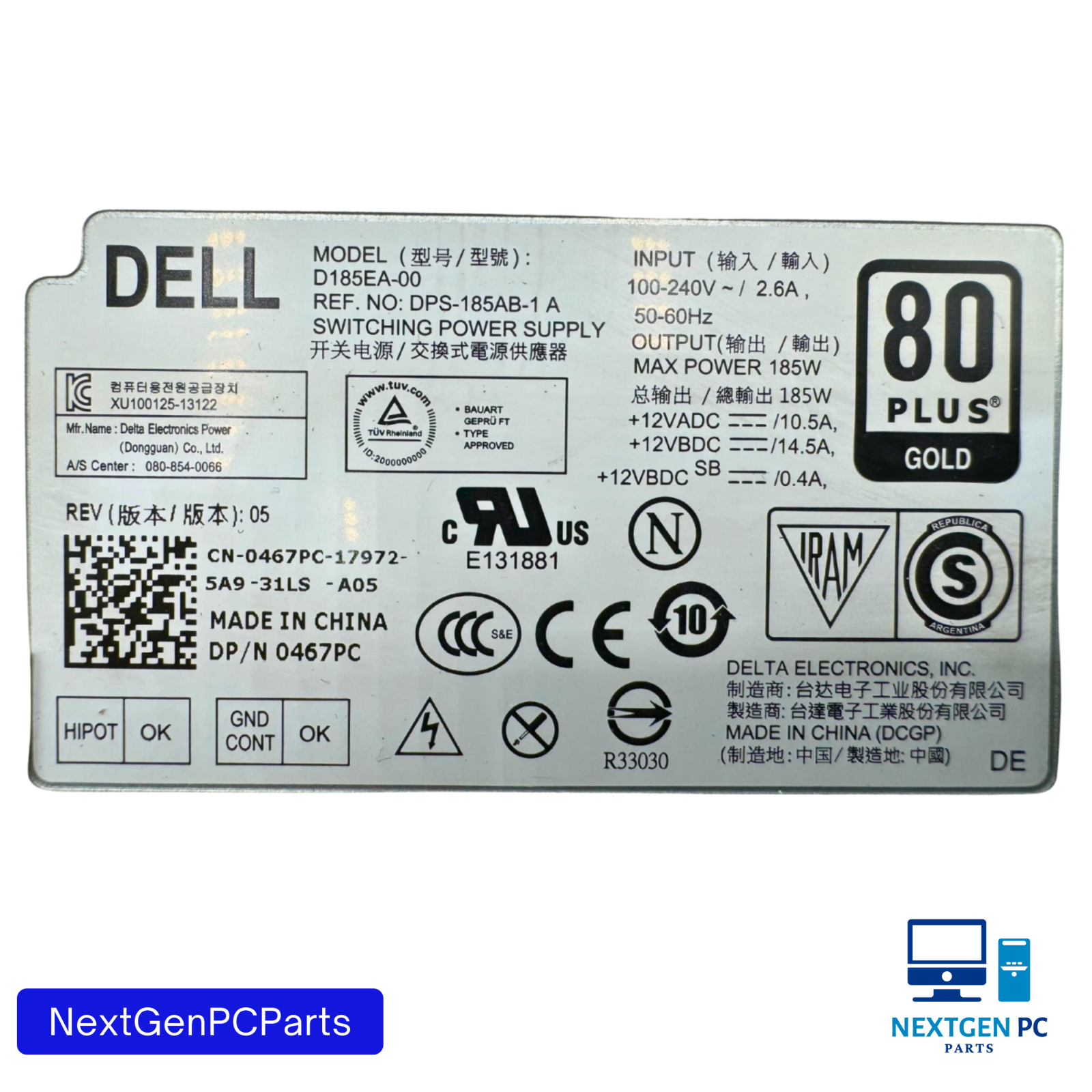 Dell Optiplex 9030 AIO 23" Desktop Power Supply 185W D185EA-00 467PC 0467PC