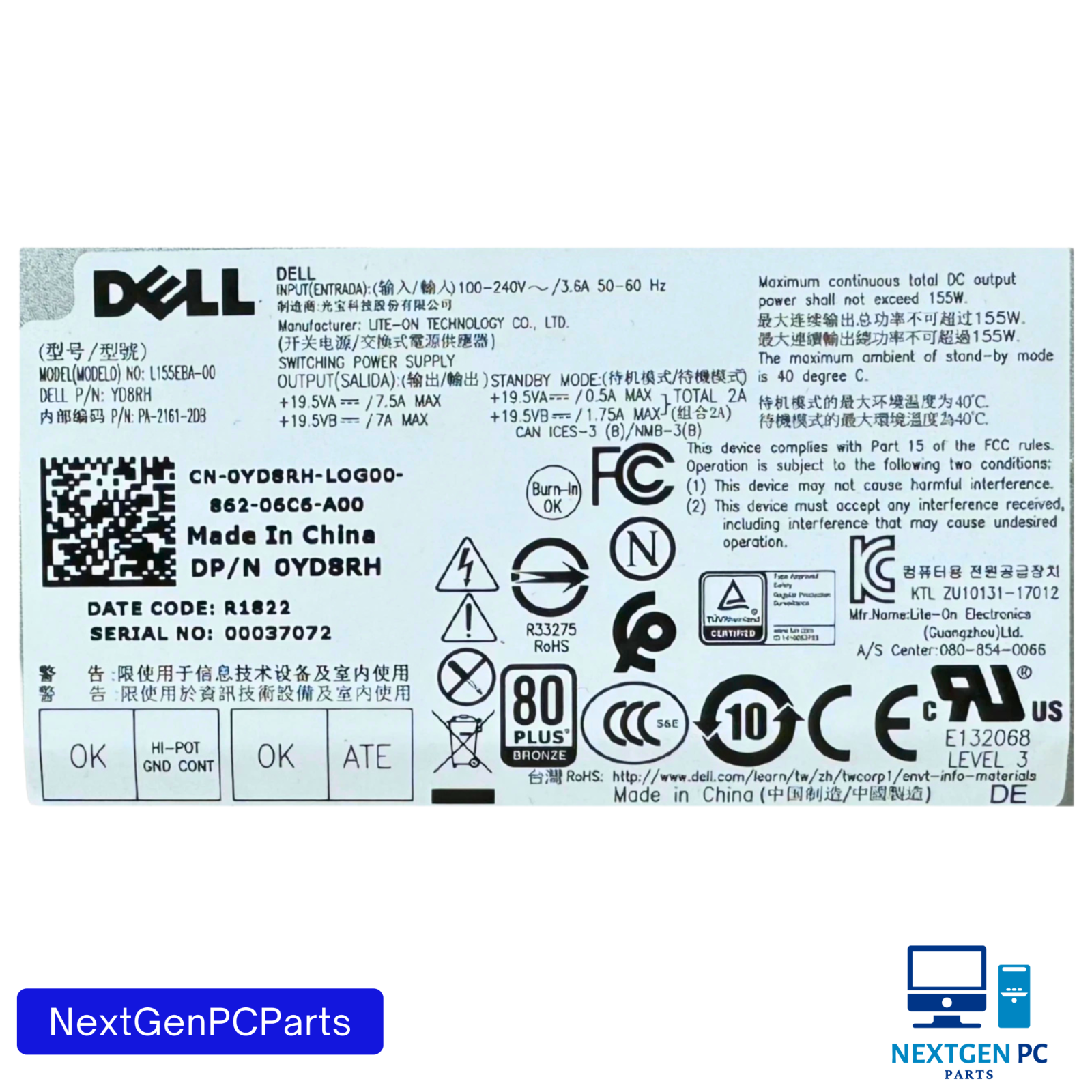 Dell L155EBA-00 155W 240V OptiPlex 7460 AIO YD8RH Power Supply