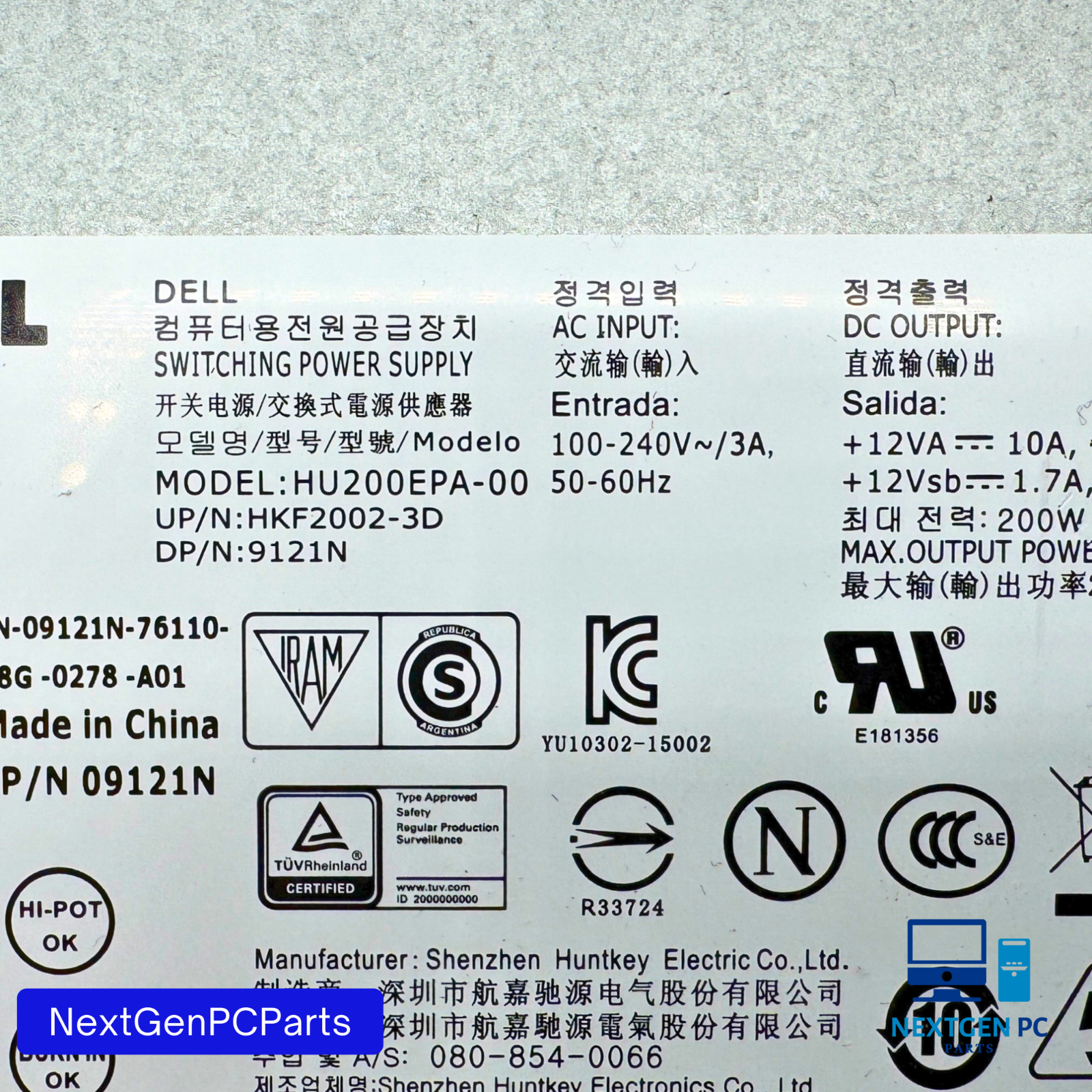 Dell OptiPlex 7440 AIO 200W Power Supply HU200EPA-00 09121N 68G-0278-A01