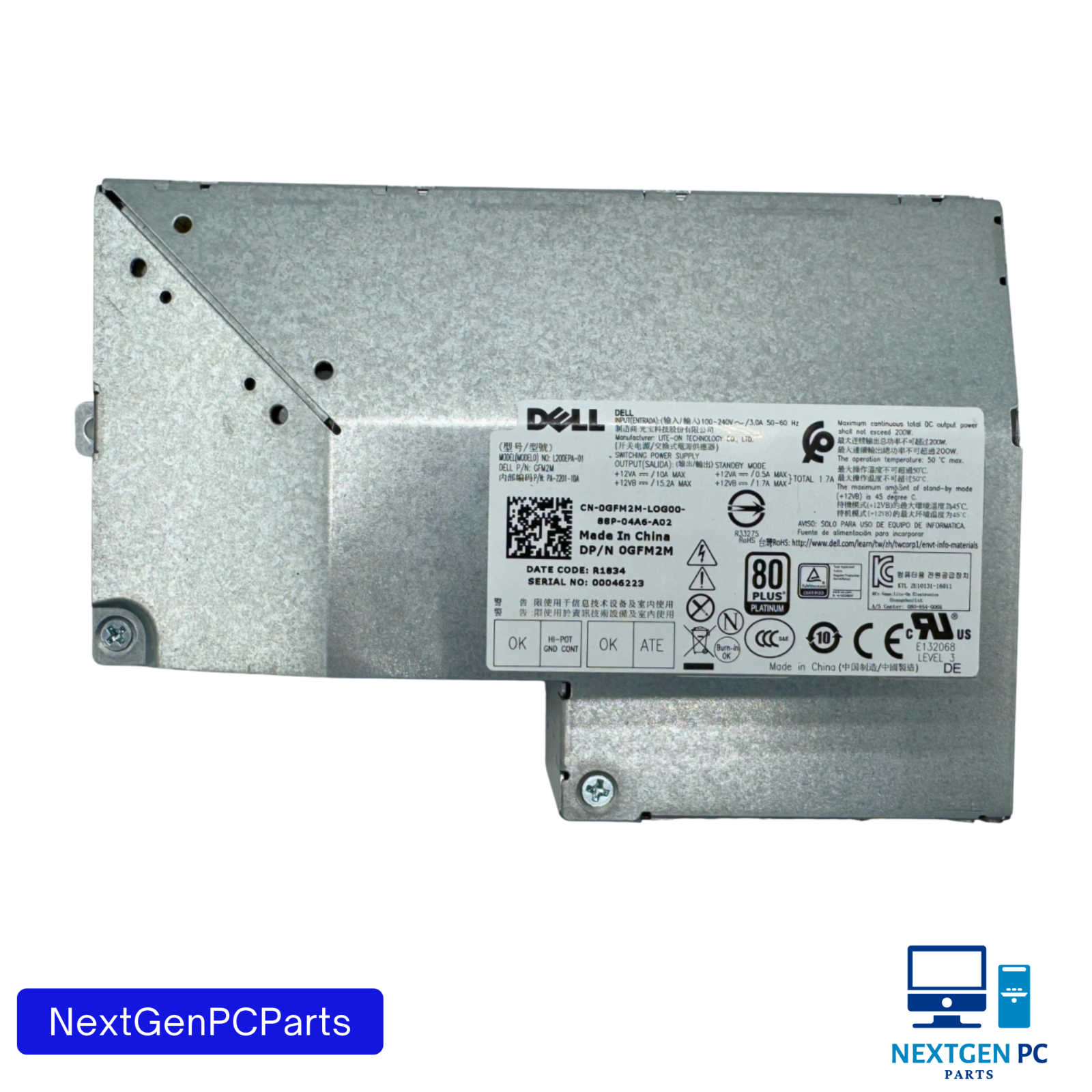 Dell OptiPlex 7450 AIO Power Supply L200EPA-01 GFM2M 0GFM2M 200W 80+ Platinum