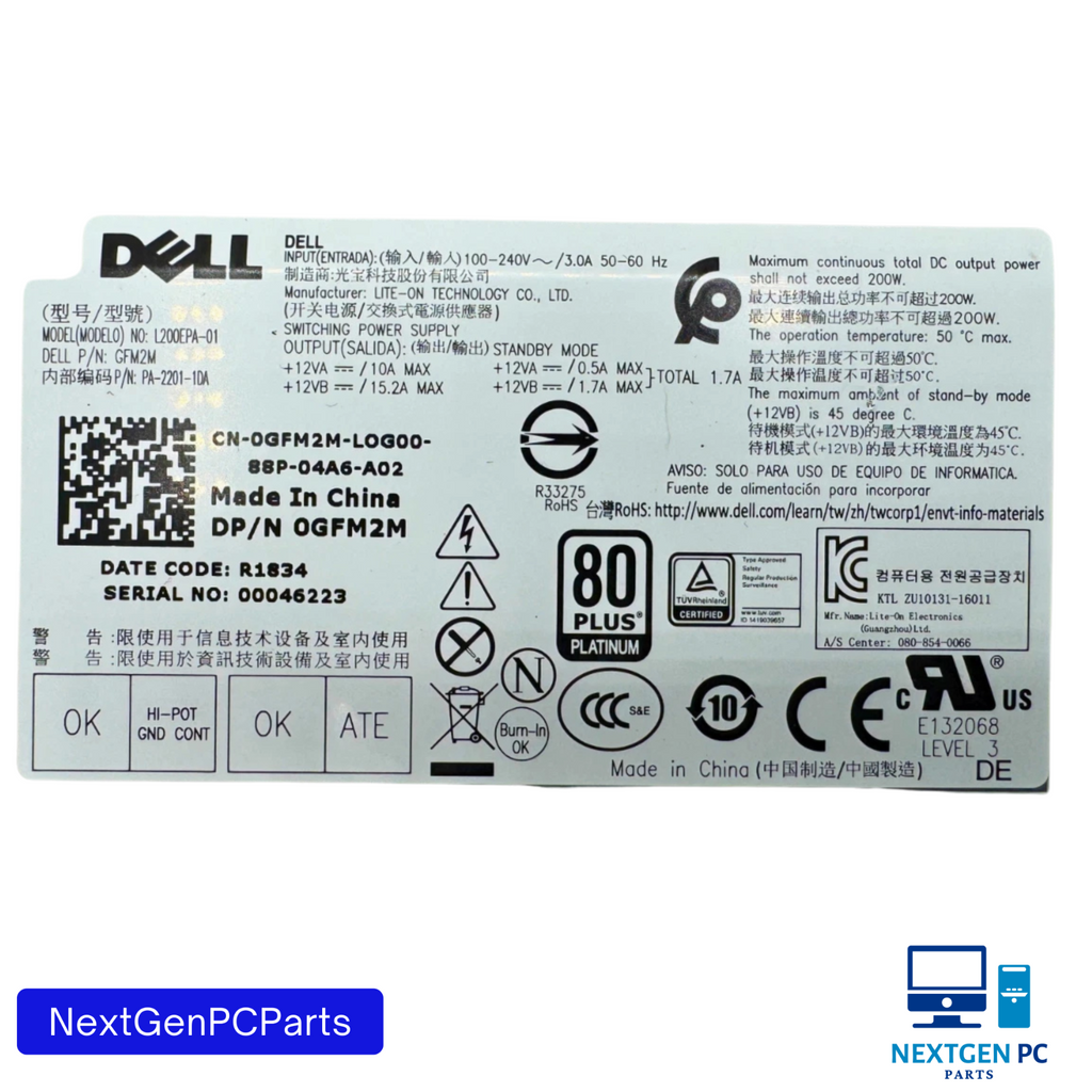 Dell OptiPlex 7450 AIO Power Supply L200EPA-01 GFM2M 0GFM2M 200W 80+ Platinum