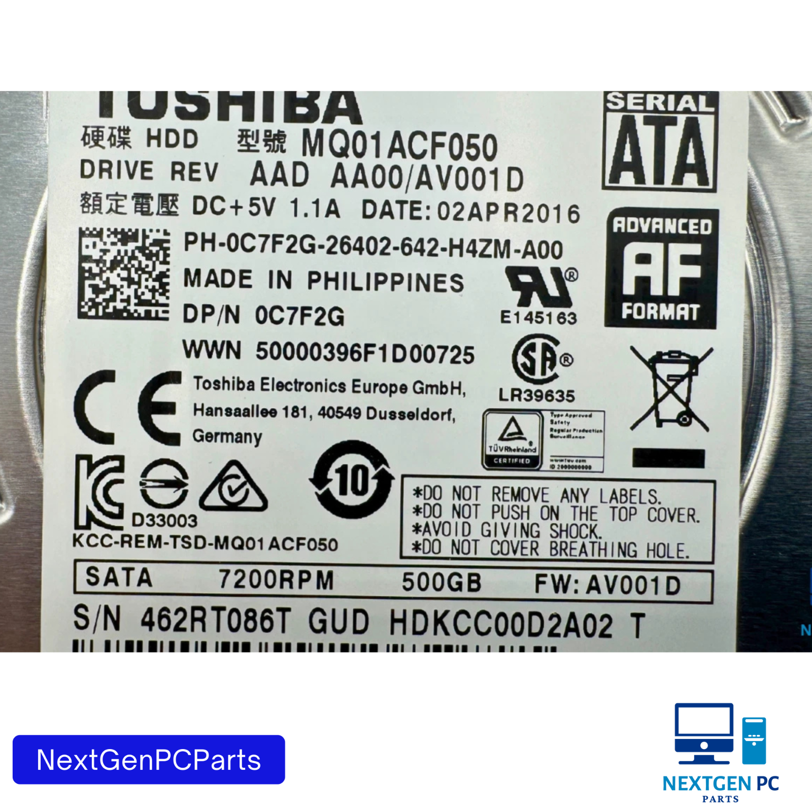 Dell Toshiba MQ01ACF050 2.5" 500GB 7200RPM SATA HDD Internal Hard Drive C7F2G