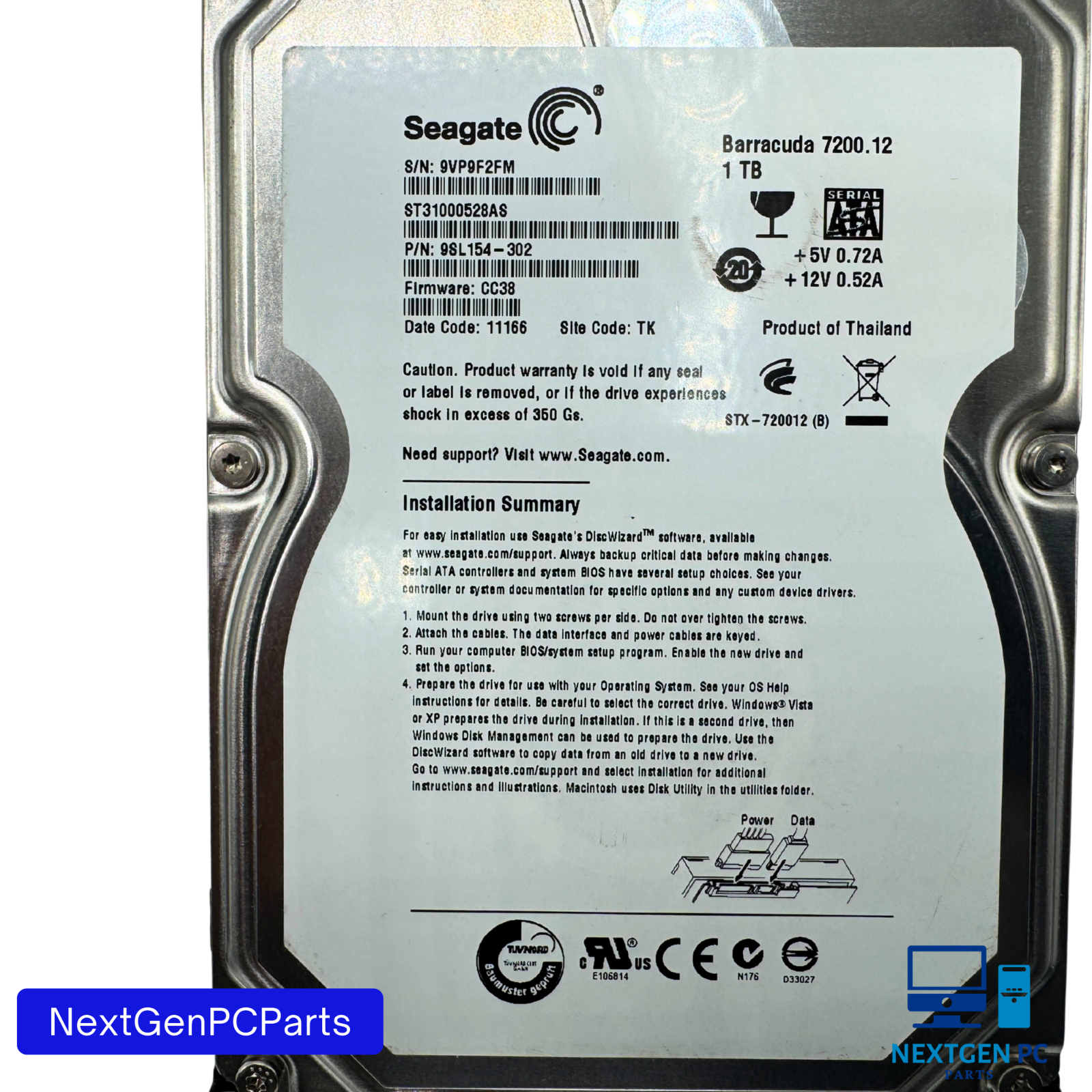 Seagate Barracuda ST31000528AS 1TB SATA 3.5" Hard Drive P/N 9SL154-302 F/W CC38