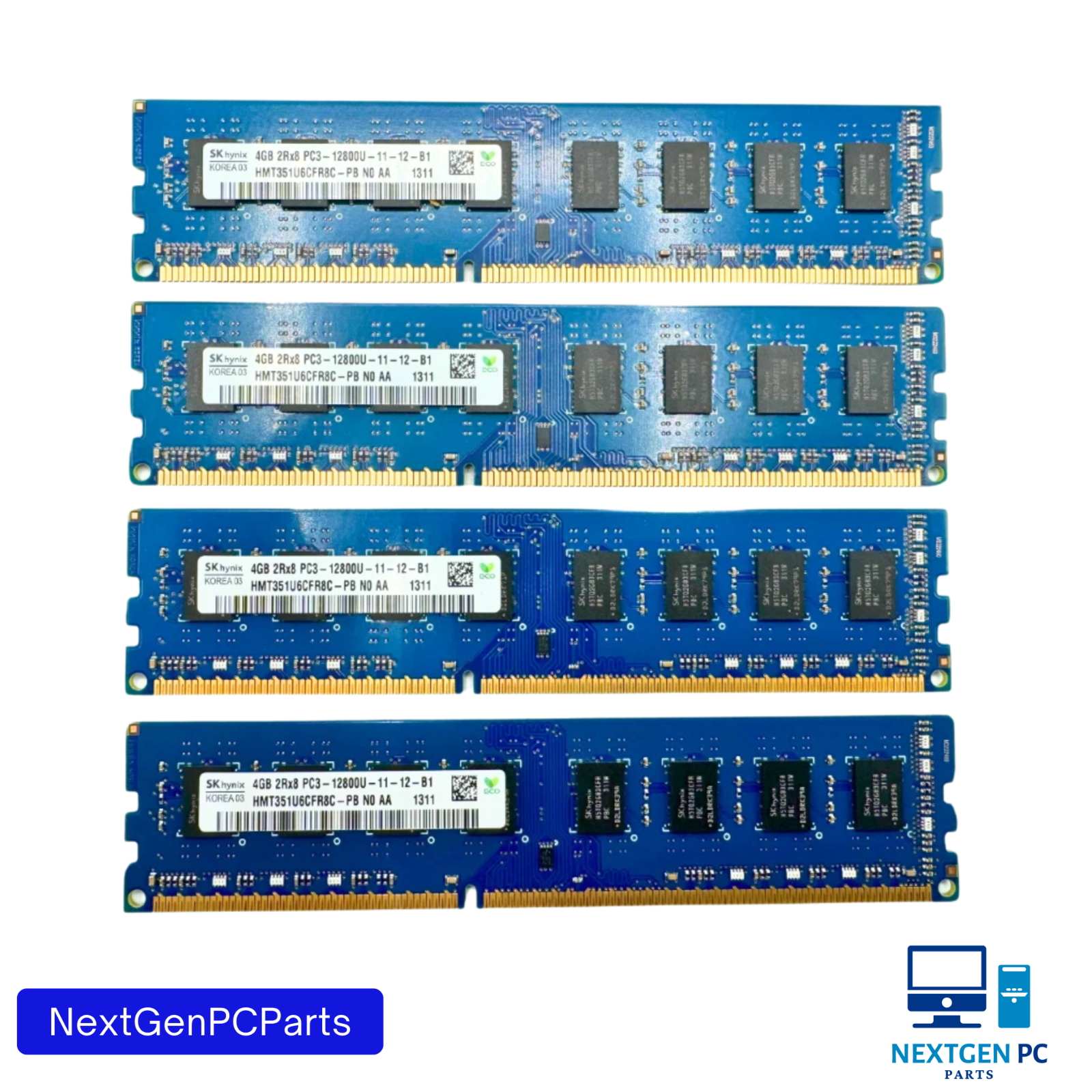 Lot of 4 Hynix HMT351U6CFR8C-PB, 4GB 2Rx8 PC3-12800U DDR3 Desktop RAM